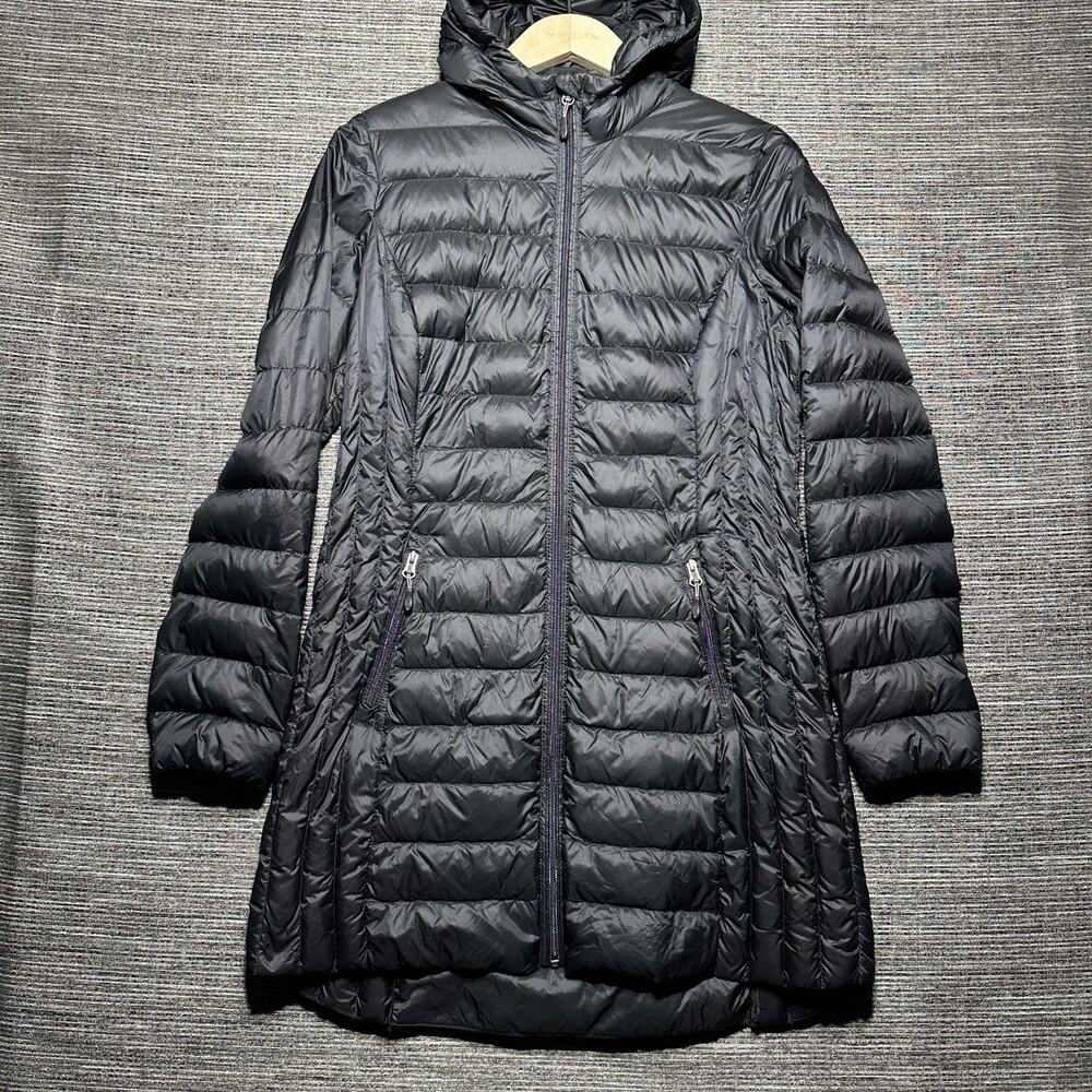 Aventure Down Puffer Jacket Womens M Black Full Zip 3/4 Length Lightweight Hood